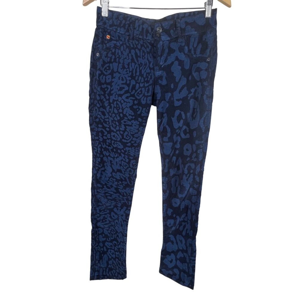 Hudson Jeans Size 26 Mid Rise Skinny Blue Velvet Leopard Button Stretch Pockets